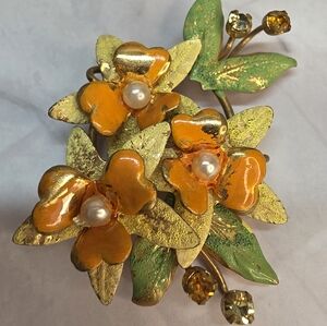 Vintage Austria Hand-Enameled Floral Brooch Flowers, Rhinestones, Faux Pearl